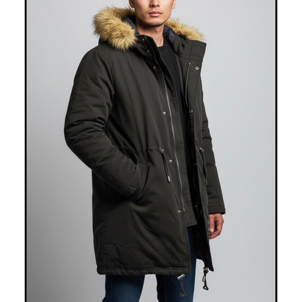 Zara Man Black Parka Faux Fur Hood Size Medium Winter Coat